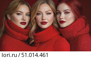 Three women model elegant red sweaters with glamorous makeup and bold lip colors, creating a striking visual display in a studio environment. Стоковое AI-видео, аниматор Данила Большаков / Фотобанк Лори
