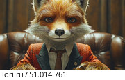 A confident fox character in a tailored suit sits at a desk, ready to share important information in an upscale office environment. Стоковое AI-видео, аниматор Данила Большаков / Фотобанк Лори