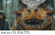 A daring adventurer confronts a colossal dinosaur up close in a foggy forest, creating an exhilarating moment filled with suspense and awe. Стоковое AI-видео, аниматор Данила Большаков / Фотобанк Лори