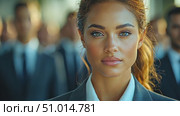 A confident businesswoman stands out in a crowd of professionals at a corporate event in the city, showcasing poise and determination. Стоковое AI-видео, аниматор Данила Большаков / Фотобанк Лори