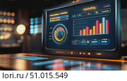 Explore an analytics dashboard showcasing vibrant graphs and data trends in a contemporary workspace during nighttime hours. Стоковое AI-видео, аниматор Данила Большаков / Фотобанк Лори