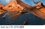 Pteranodon reptiles flying over a group of Brachiosaurus dinosaurs. Стоковое фото, фотограф Stocktrek Images, Inc. / ТАСС / Фотобанк Лори