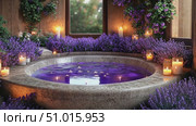 Experience a tranquil escape in a garden adorned with purple flowers and soft candlelight, perfect for relaxation and rejuvenation. Стоковое AI-видео, аниматор Данила Большаков / Фотобанк Лори