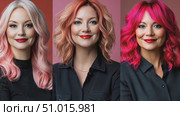 Three women showcase stunning hair transformations with vibrant colors, capturing the essence of creativity in a stylish studio backdrop. Стоковое AI-видео, аниматор Данила Большаков / Фотобанк Лори