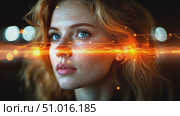 Experience the blend of human beauty and technology illuminated against a night backdrop, highlighting creativity and innovation. Стоковое AI-видео, аниматор Данила Большаков / Фотобанк Лори