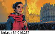 A young woman holds a microphone while engaging with a lively crowd in Paris, illuminated by a striking sunset during a community celebration. Стоковое AI-видео, аниматор Данила Большаков / Фотобанк Лори