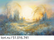 A soft watercolor illustration of a forest glade at dawn, bathed in the golden light of the rising sun. The landscape is permeated with tranquility and light melancholy: thin trees barely touching the sky, delicate flowers in the foreground and melting fog create an atmosphere of silence and awakening. The painting is done in pastel colors with smooth transitions, which gives it airiness and fairytale. Suitable for themes of nature, changing seasons, peace, the magic of the morning. Стоковое AI-изображение, AI-художник Анна Кривицкая / Фотобанк Лори