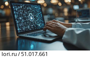 A user engages with cybersecurity measures on a laptop surrounded by soft lighting, illustrating safe computing practices. Стоковое AI-видео, аниматор Данила Большаков / Фотобанк Лори
