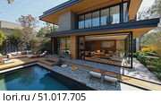 Step into a beautifully designed house showcasing expansive glass walls, inviting gardens, and a peaceful pool area, perfect for relaxation. Стоковое AI-видео, аниматор Данила Большаков / Фотобанк Лори