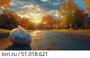 A tranquil autumn evening displays brilliant foliage along a peaceful street, with a bag of leaves resting on the pavement beneath colorful trees. Стоковое AI-видео, аниматор Данила Большаков / Фотобанк Лори