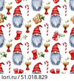 Christmas gnomes and festive icons seamless pattern on white background. Стоковое AI-изображение, AI-художник Александра Рублева / Фотобанк Лори