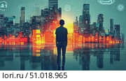 Observe a figure standing in awe as they admire a striking digital city filled with vibrant lights and modern architecture at dusk. Стоковое AI-видео, аниматор Данила Большаков / Фотобанк Лори