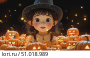 A cheerful girl in a witch hat enjoys the magic of Halloween, surrounded by glowing pumpkins that light up the night. Стоковое AI-видео, аниматор Данила Большаков / Фотобанк Лори