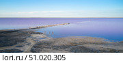 Panoramic scenic aerial view of the salt lake Sasyk-Sivash in Crimea with a group of tourists on the shore and in the water. Drone shot. Стоковое фото, фотограф Роман Дзюбало / Фотобанк Лори
