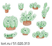 Cute cartoon cacti drawn with colored pencils and crayons by hand with eyes and needles of green color in brown pots in a hat and with glasses and on a white background cute kawaii symbol. Стоковая иллюстрация, иллюстратор Дарья Мережина / Фотобанк Лори