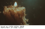 Candle flickers in dark room creating a warm, tranquil atmosphere with melting wax and soft light. Стоковое AI-видео, аниматор Сергей Толмачёв / Фотобанк Лори