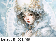 An elegant fantasy portrait of a young woman in a luxurious winter outfit decorated with lace, fur and jewelry. She is crowned with a high crown with inlay, and her gaze is full of softness and mystery. The palette of the image is maintained in cold tones - white, blue and silver, which creates the feeling of an ice queen or a fairy princess. Ideal for projects related to the theme of winter, magic, fashion, fantasy and illustration of female images. Стоковое AI-изображение, AI-художник Анна Кривицкая / Фотобанк Лори