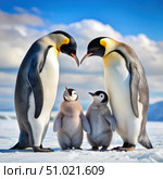 Two Emperor Penguins Stand Guarding Their Two Chicks on a Snowy Day in Antarctica. Generative AI. Стоковое AI-изображение, AI-художник Roman Zavorotny / Фотобанк Лори