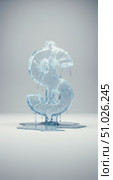 Frozen melting dollar sign in clean environment. Financial crisis and inflation or economic recession concept for business collapse. Стоковое AI-изображение, AI-художник Анжелика Самсонова / Фотобанк Лори