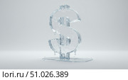 Dollar symbol melting made of water and ice, representing financial crisis, liquidity issues, and economic instability. Стоковое AI-изображение, AI-художник Анжелика Самсонова / Фотобанк Лори