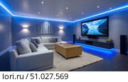 Modern home theater room with ambient lighting creating cozy atmosphere. Стоковое AI-изображение, AI-художник Юрий Поздников / Фотобанк Лори