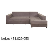 Gray corner sofa with velor fabric pillows isolated on a white background. Cushioned furniture. Стоковое фото, фотограф Лазаренко Светлана / Фотобанк Лори