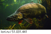 An arapaima swims through the Amazon depths reflecting themes of ancient biodiversity, ecological resilience and South American river heritage. Стоковое AI-изображение, AI-художник Igor Tichonow / Фотобанк Лори
