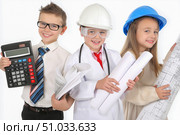 Three children dressed as professionals, one with a calculator, another in a hard hat and goggles, and the last holding blueprints, showcasing future career aspirations and teamwork. Стоковое AI-изображение, AI-художник Ирина Ручушкина / Фотобанк Лори