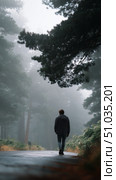 Walking through a misty forest path on a cool, tranquil morning. Стоковое AI-изображение, AI-художник Сергей Толмачёв / Фотобанк Лори