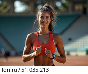 An energetic runner in orange sports bra sprints on stadium track wearing necklace and watch. Great for sports performance and active lifestyle content. Стоковое AI-изображение, AI-художник Анна Сивакова / Фотобанк Лори