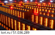 Big data technology background with server racks in data center, futuristic cloud computing concept showing network equipment for internet and information storage infrastructure. Стоковое AI-изображение, AI-художник Павел Муравьев / Фотобанк Лори