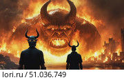 A tremendous clash unfolds as a giant demon towers over a burning landscape, evoking fear and awe in this dark fantasy realm. Стоковое AI-видео, аниматор Данила Большаков / Фотобанк Лори