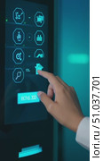 User Interacting with a High-Tech Interface: Selecting Options on a Digital Screen Display with Interactive Buttons and Visual Feedback. Стоковое AI-видео, аниматор Владимир Федоров / Фотобанк Лори