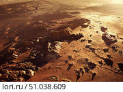 Phobos orbiting over the fascinating martian landscape during sunset. Стоковое AI-изображение, AI-художник Иван Рябоконь / Фотобанк Лори