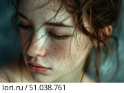 Young woman with freckles showing natural beauty and skin imperfections. Стоковое AI-изображение, AI-художник Иван Рябоконь / Фотобанк Лори