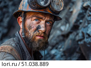 Coal miner wearing helmet and goggles in a dark mine. Стоковое AI-изображение, AI-художник Иван Рябоконь / Фотобанк Лори