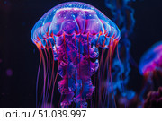 Glowing jellyfish swimming in dark water with bioluminescent colors. Стоковое AI-изображение, AI-художник Иван Рябоконь / Фотобанк Лори