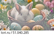 White rabbit sitting in a basket filled with eggs, showcasing a cute interaction between the rabbit and the Easter-themed decorations. Стоковое AI-видео, аниматор Данила Большаков / Фотобанк Лори
