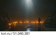 Lone figure stands in luminous, torch-lit cave as countless particles drift gently from above in tranquil display. Стоковое AI-видео, аниматор Данила Большаков / Фотобанк Лори