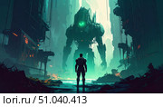 A lone figure in a futuristic suit confronts a towering robot in a post-apocalyptic city, symbolizing human resilience and the clash of man and machine. Стоковое AI-изображение, AI-художник Ольга Сухарева / Фотобанк Лори