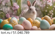 White rabbit is seen sitting in front of a pile of eggs. Стоковое видео, видеограф Данила Большаков / Фотобанк Лори