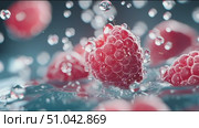 Fresh raspberries splashing in water create a vibrant display of color and texture. Стоковое AI-видео, аниматор Сергей Толмачёв / Фотобанк Лори