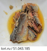 Pieces of canned fish in oil, laid out on a white plate. The fish meat has a gray-silver skin and pinkish flesh, partially exfoliating into fibers. Areas with bones and fragments of the spine are visible. The fish is covered with a fragrant golden-orange butter sauce, which has collected at the base of the dish. The background is neutral, which emphasizes the natural colors of the product. The photo is suitable for illustrating culinary sites, recipes with canned food, blogs about fish and seafood, as well as for stock photos on a food theme. Стоковое фото, фотограф Анна Кривицкая / Фотобанк Лори
