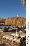 Concept of travel, seascape and nature tropical beach with palm tree and two sun loungers wooden sun loungers on the sea Welcoming beach cafe with straw parasols.Breezy summer day under straw sun umbrellas and beachfront view on Azure restaurant with straw umbrellas. Стоковое видео, видеограф Zita Khasanova / Фотобанк Лори