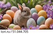 Rabbit is sitting in a basket filled with eggs. The rabbit is calm and surrounded by colorful eggs in the basket. Стоковое AI-видео, аниматор Данила Большаков / Фотобанк Лори