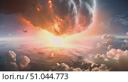 Colossal meteor strikes an urban landscape beneath a dramatic sky, with city structures visible as a fiery shockwave emanates from the point of impact. Стоковое AI-видео, аниматор Данила Большаков / Фотобанк Лори
