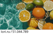 Fresh citrus fruits floating in a sparkling pool on a sunny day in a vibrant backyard setting. Стоковое AI-видео, аниматор Сергей Толмачёв / Фотобанк Лори