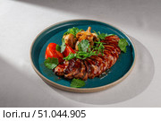 Sliced glazed duck breast served with grilled mushrooms, fresh tomatoes, cilantro and green onions on a rustic blue ceramic plate, Korean fusion presentation. Стоковое фото, фотограф Aleksandr Gavrilychev / Фотобанк Лори