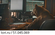 Brown bear is seated in front of a computer monitor, observing the screen intently. Стоковое AI-видео, аниматор Данила Большаков / Фотобанк Лори