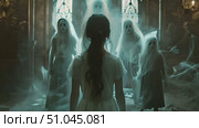Young woman stands bravely in front of a group of ghosts, confronting them with determination and courage. Стоковое AI-видео, аниматор Данила Большаков / Фотобанк Лори